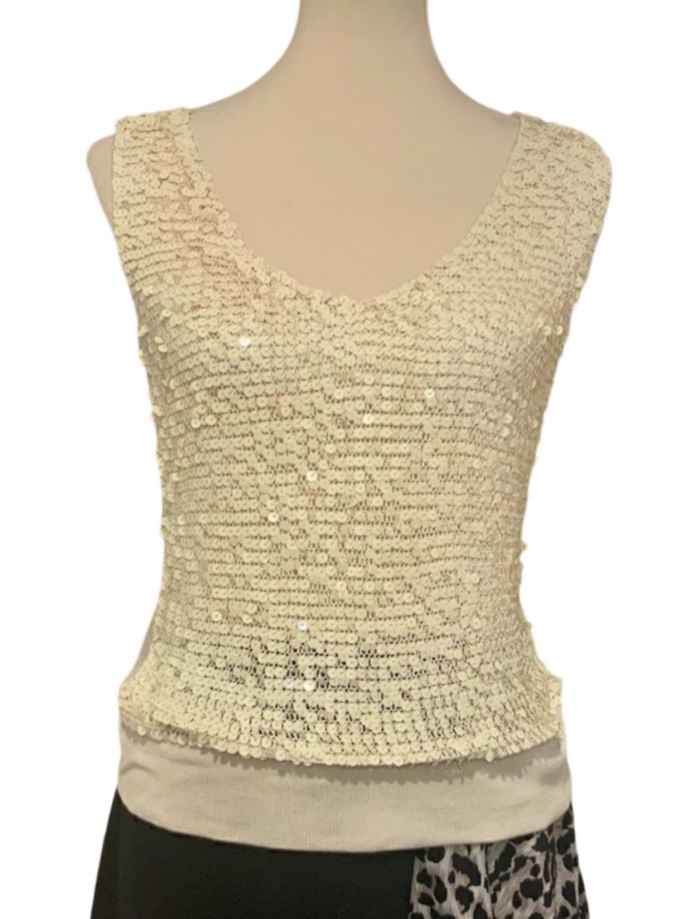 ShuShu Cream Ivory Sequin Paillette Silk Tank Top 75% Silk Knit Size Small